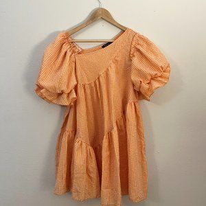 Gingham Asymmetrical Puff Sleeve Smock Dress